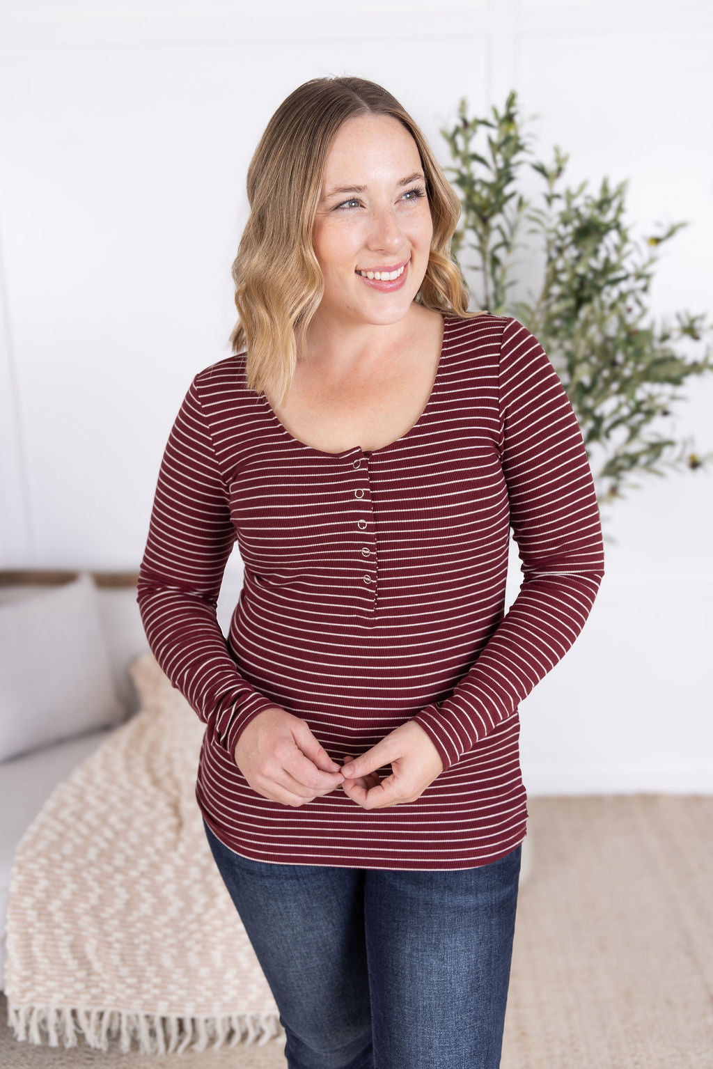 IN STOCK Striped Henley Long Sleeve - Burgundy FINAL SALE