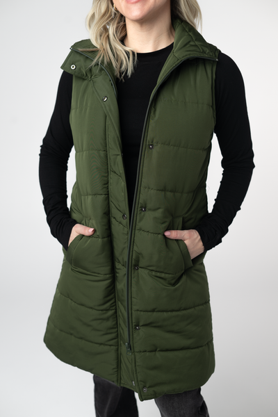 IN STOCK Harlow Long Vest - Dark Olive