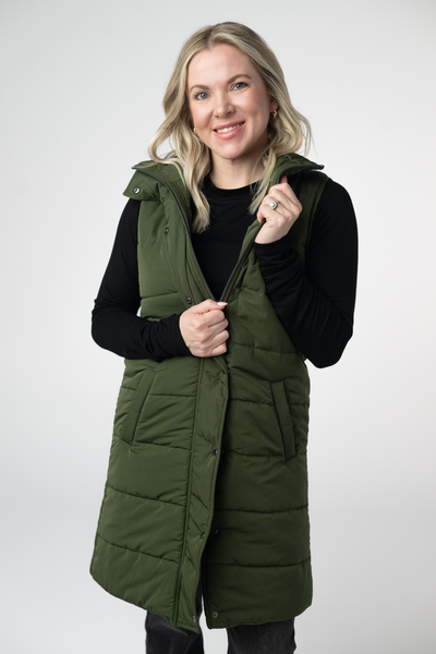 IN STOCK Harlow Long Vest - Dark Olive