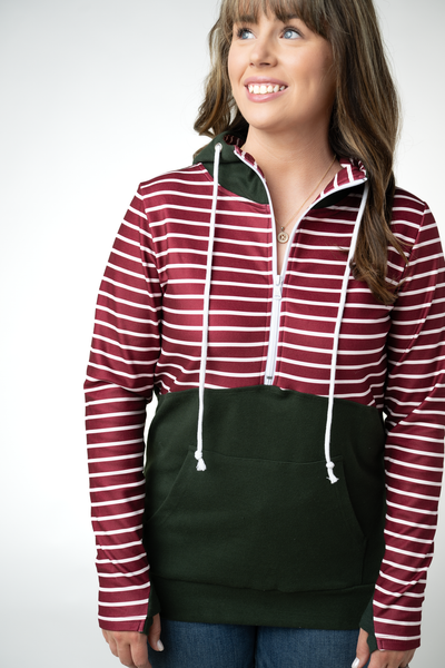 IN STOCK Soft Classic HalfZip Hoodie - Evergreen and Burgundy Stripes FINAL SALE
