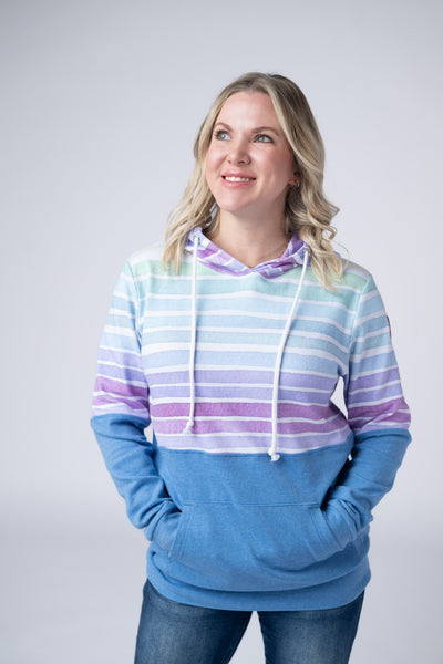 IN STOCK Hailey Pullover Hoodie - Rainbow Stripes and Blue