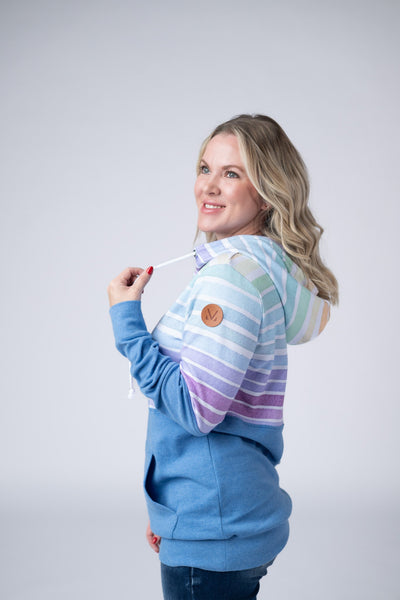 IN STOCK Hailey Pullover Hoodie - Rainbow Stripes and Blue