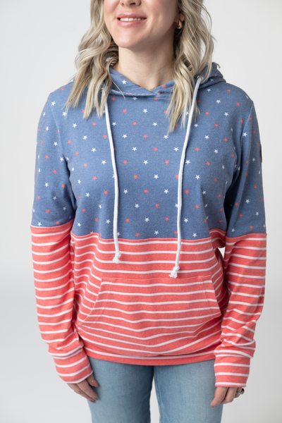 IN STOCK Hailey Pullover Hoodie - Faded Navy Freedom Stars and Stripes FINAL SALE