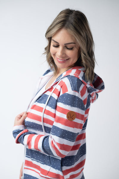 IN STOCK Fullzip Hoodie - Striped Red, White, and Micro Blue Stars FINAL SALE