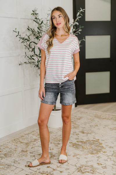 Stitched with Love V-Neck Top in Ivory and Red